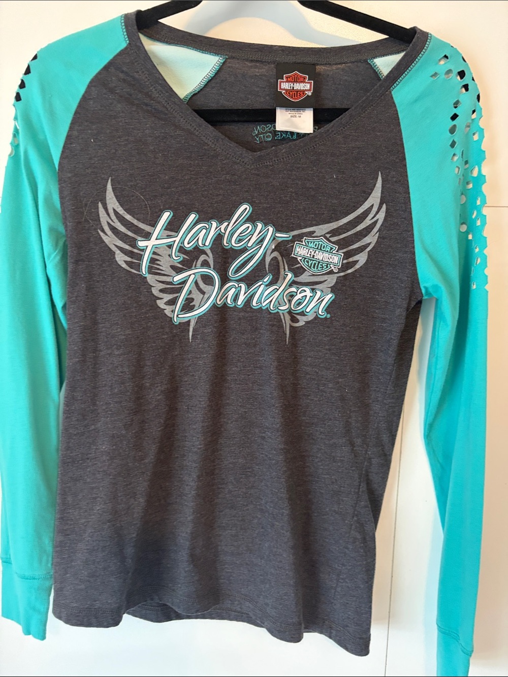 Harley-Davidson Teal & Gray Long Sleeve Raglan Tee